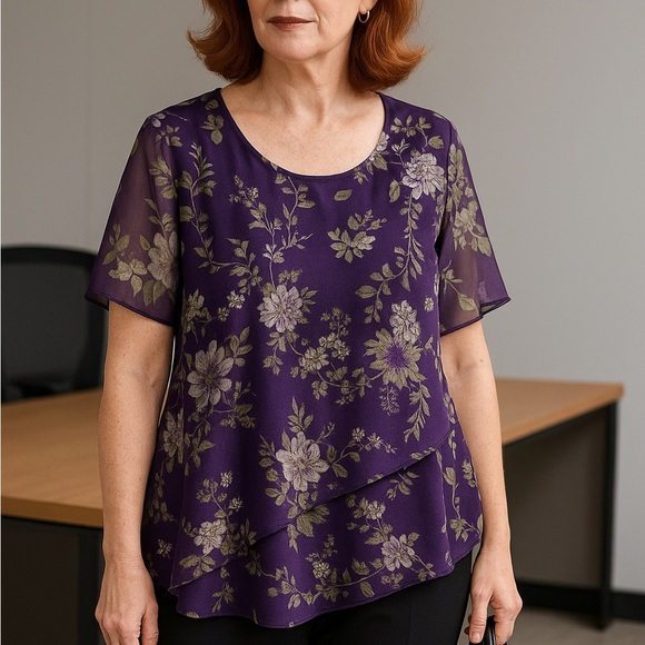 R&M Richards Woman Purple Floral Chiffon Asymmetrical Blouse Top Plus Size 18w - Picture 1 of 7